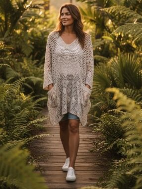 Sand & Spirit Light Gray Crochet-Like Swim Cover-Up Tunic with Pockets Size XL